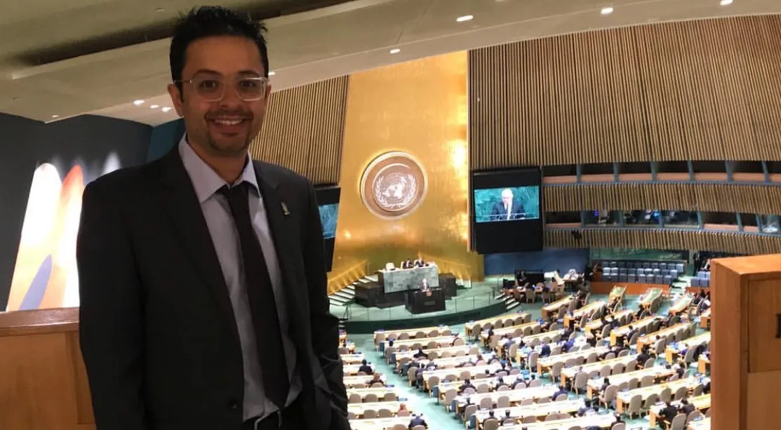 Mohammad Sabaaneh at the UN General Assembly hall